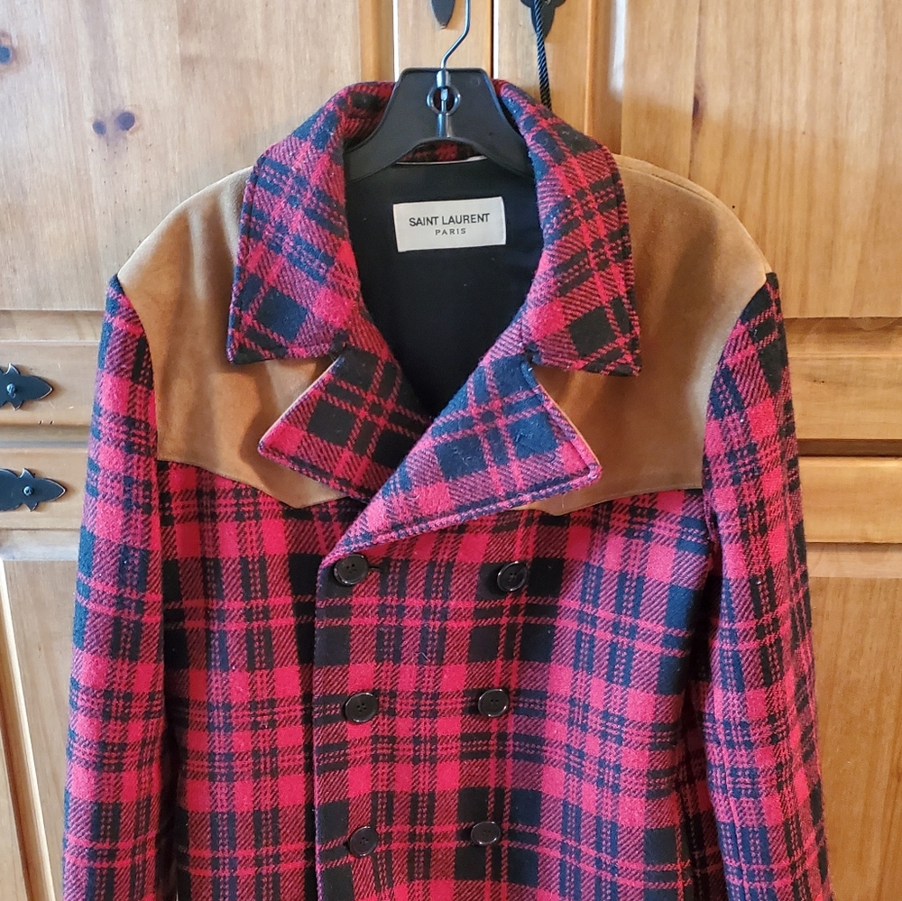 Saint Laurent Wool Plaid Double Breasted Cabin Coat with Suede Shoulder Patch